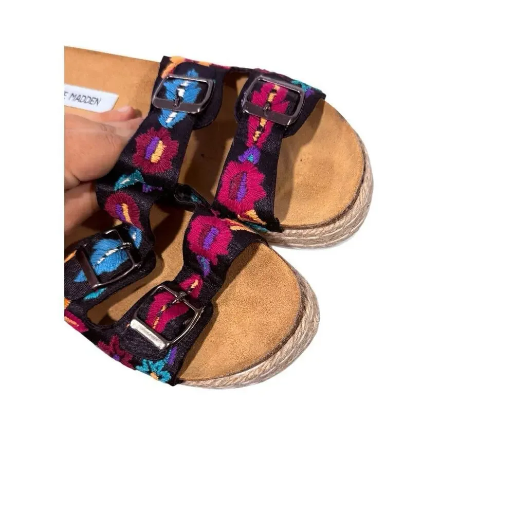 Steve‎ Madden Platform Two Strap Floral Embroidered Sandals Womens 10